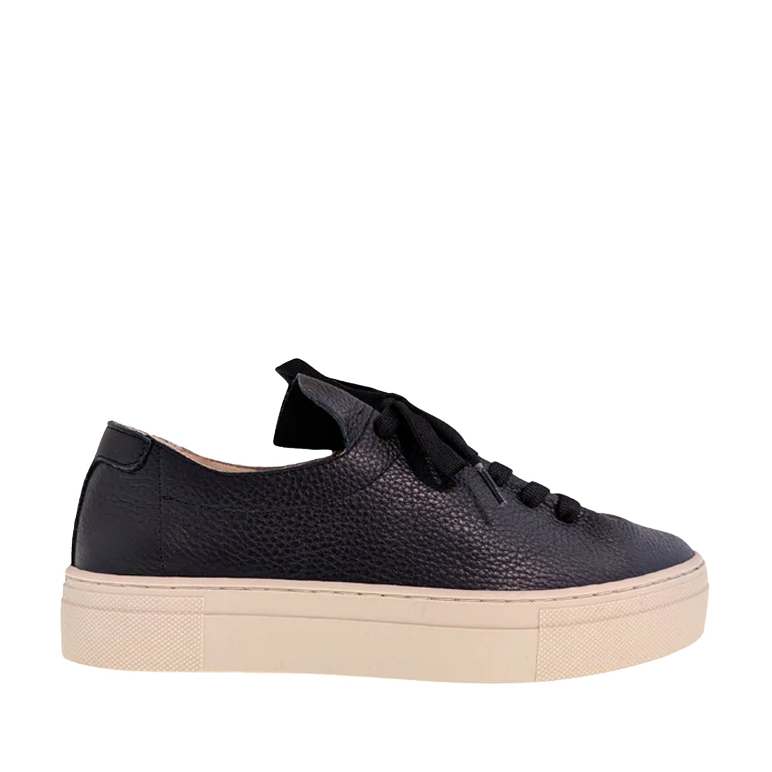 Black platform leather sneaker with a bow on a white background