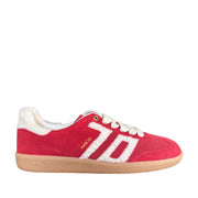 red sneaker with white shearling logo on a white background