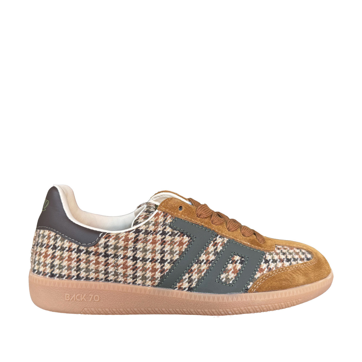 olive and beige houndstooth fabric sneaker on a white background