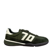 olive green suede and nylon retro low-top sneaker with off-white logo overlays on a white background