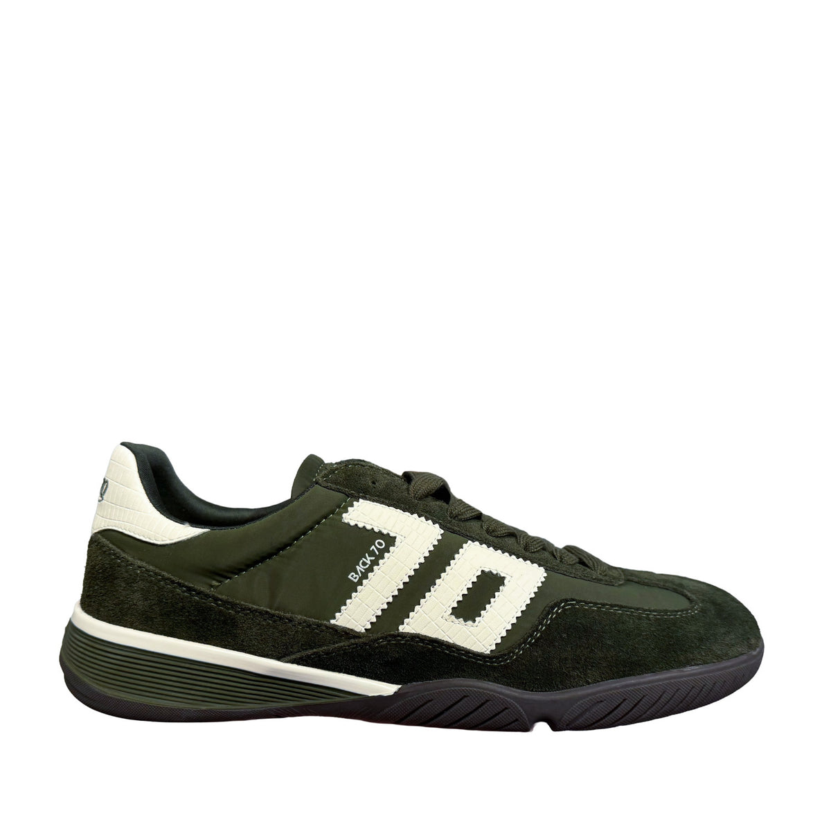 olive green suede and nylon retro low-top sneaker with off-white logo overlays on a white background