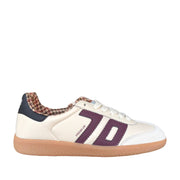 cream coloured sneaker with a plum-coloured logo on a white background