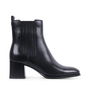 black leather block heel boot with side panelling on a white background