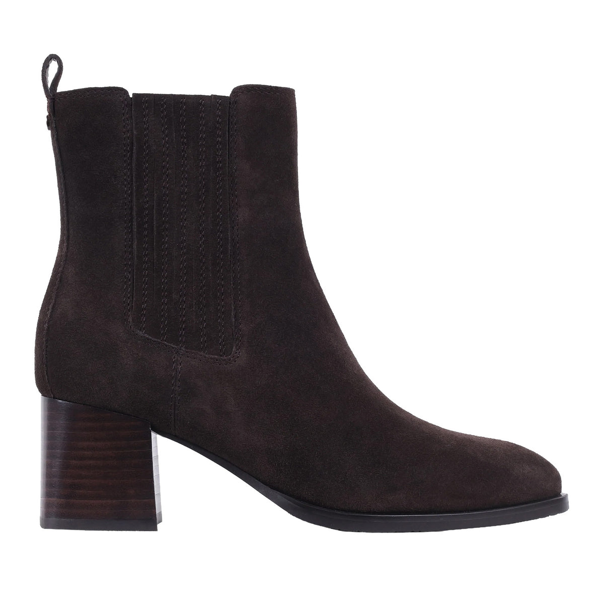 brown suede block heel boot with side panelling on a white background