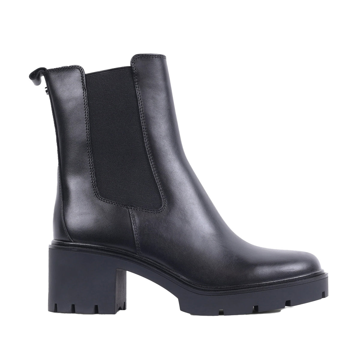 black heeled boot, lug sole, and zipper side closure on a white background