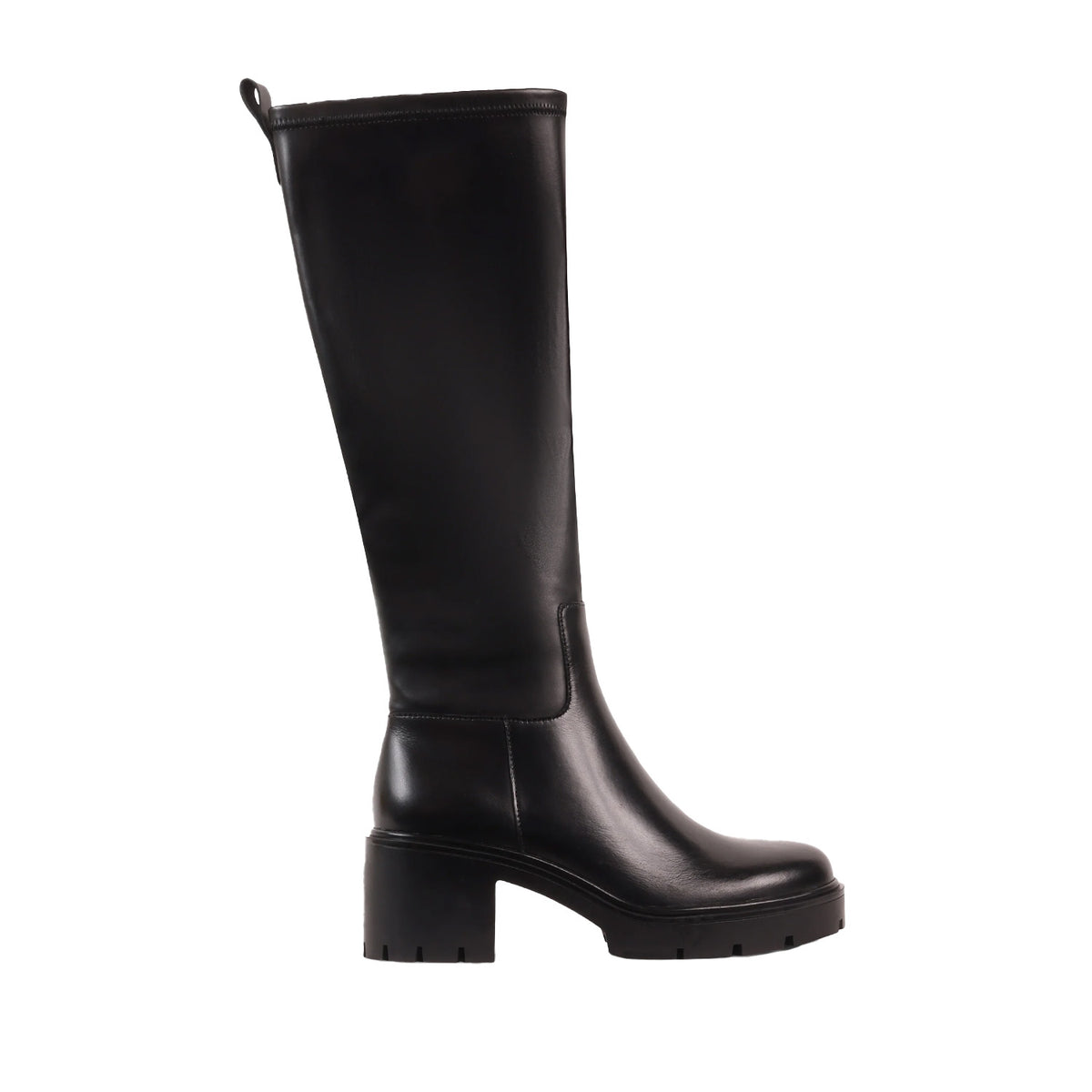 black knee-high heeled boot, lug sole, and zipper side closure on a white background