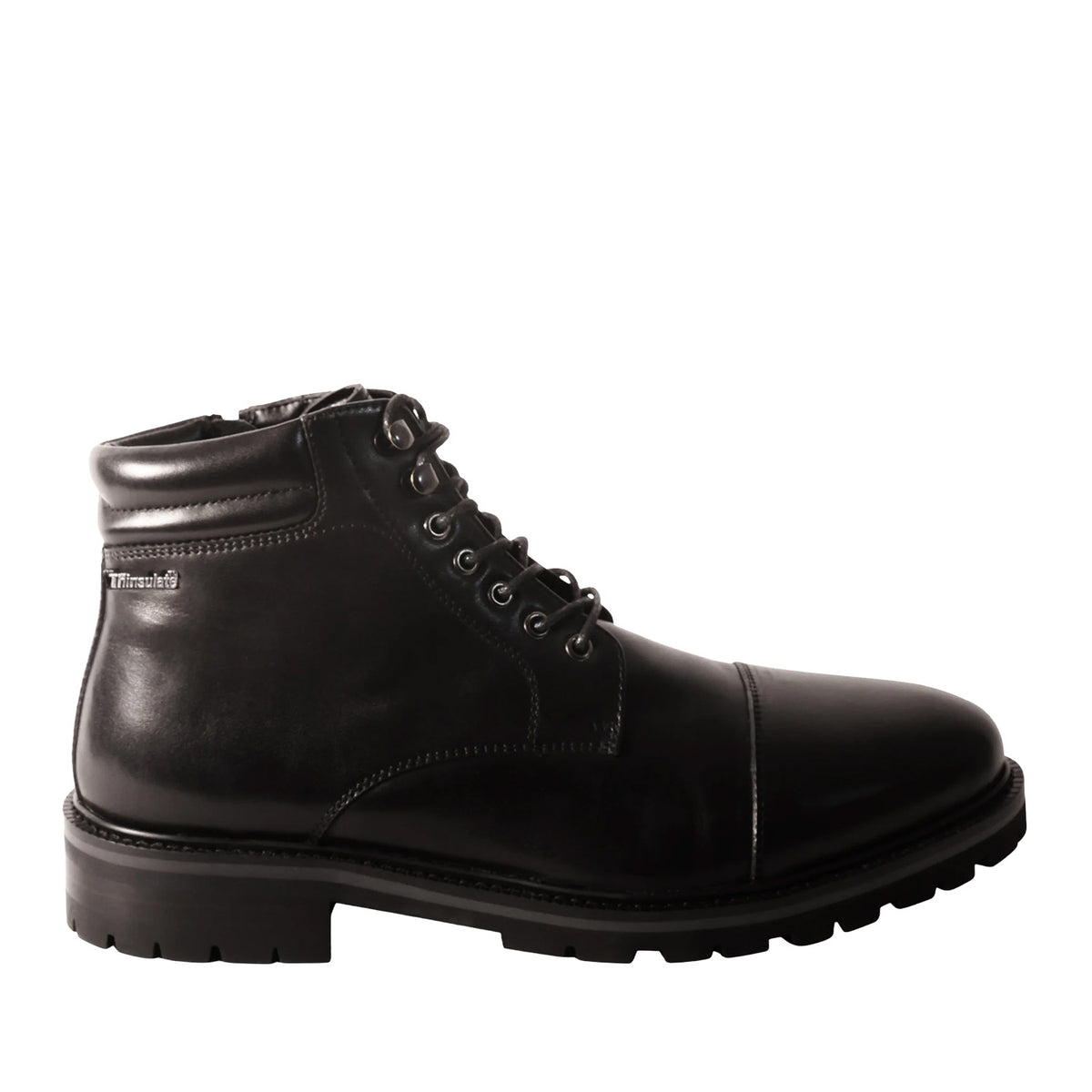 black leather lace up boot on a white background