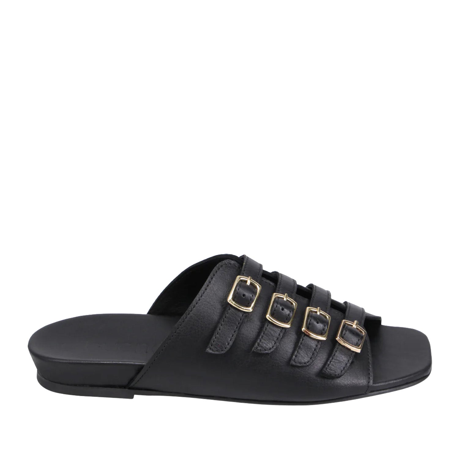 Black leather slip-on sandal with strappy buckle details across vamp on a white background. 