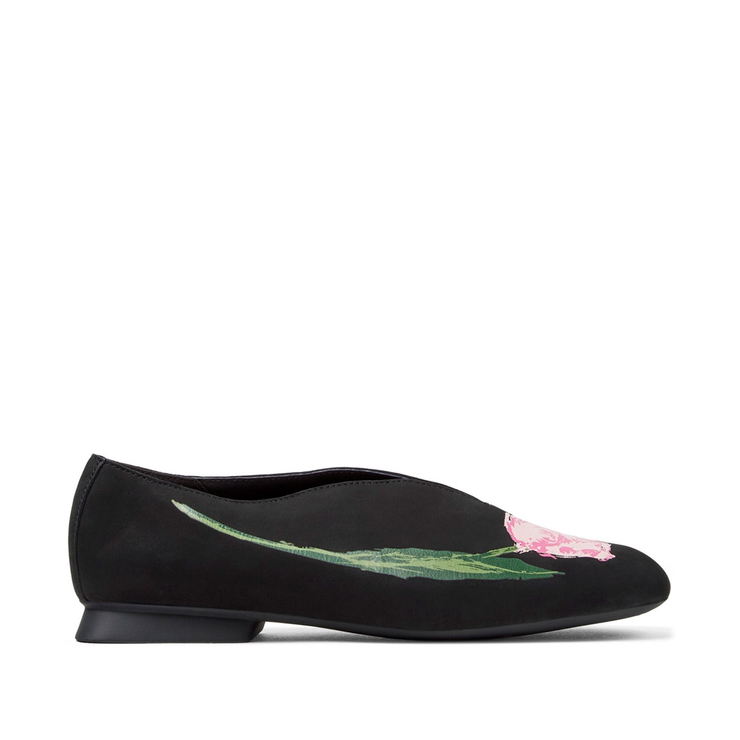 black floral ballet flats on a white background