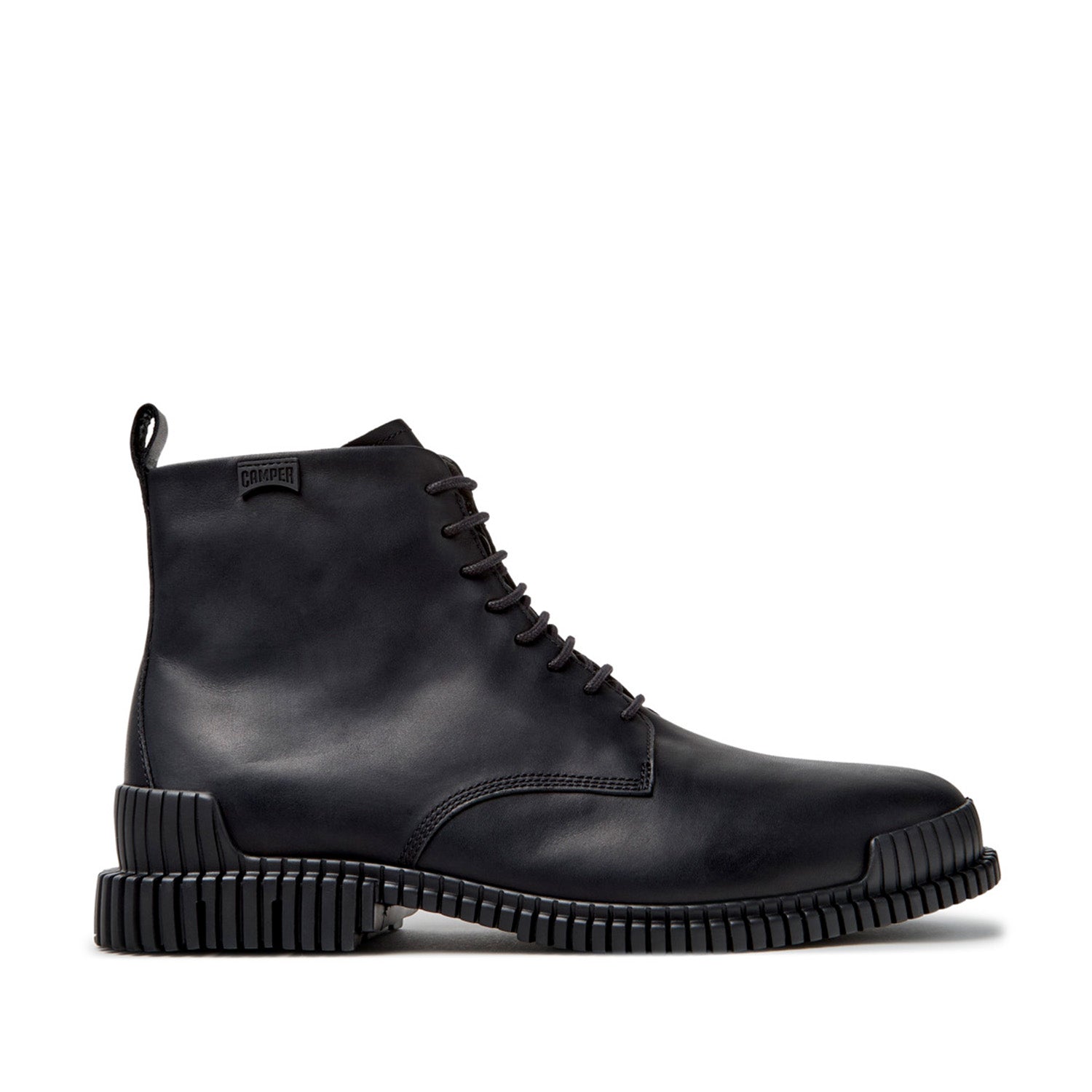 black lace-up boot on a white background