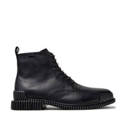 black lace-up boot on a white background