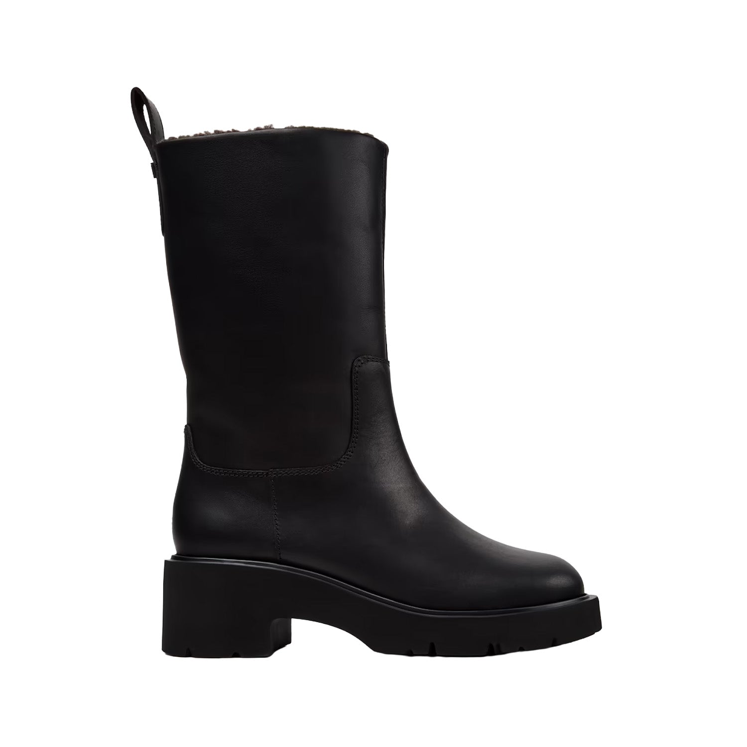 black mid-calf heeled boots on a white background