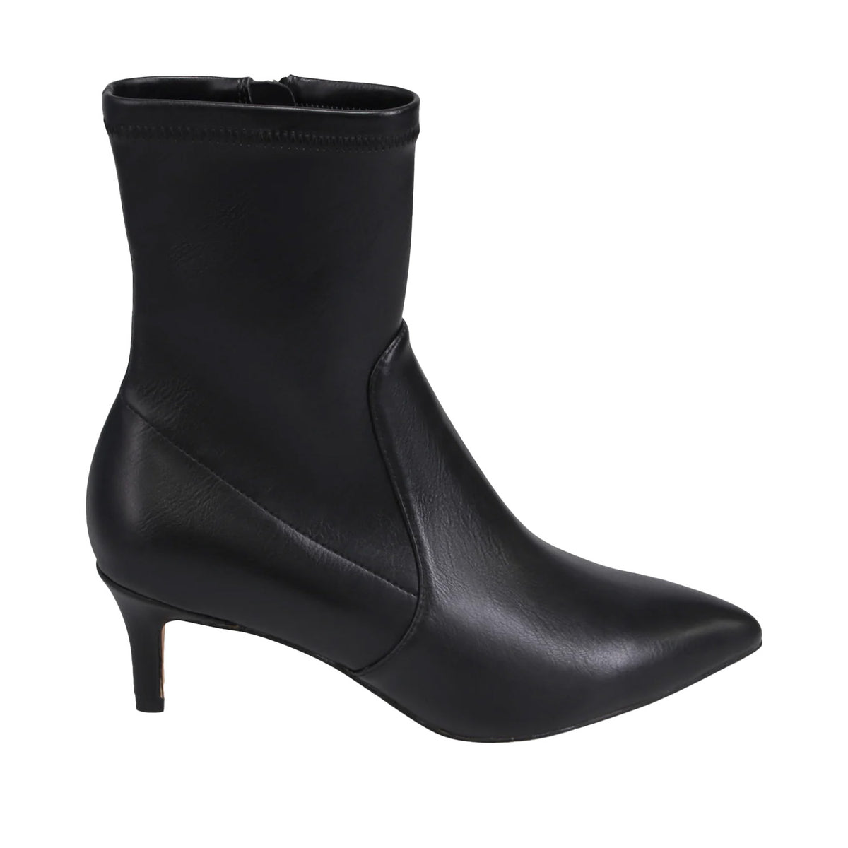 black leather pointed toe heeled ankle boot on a white background
