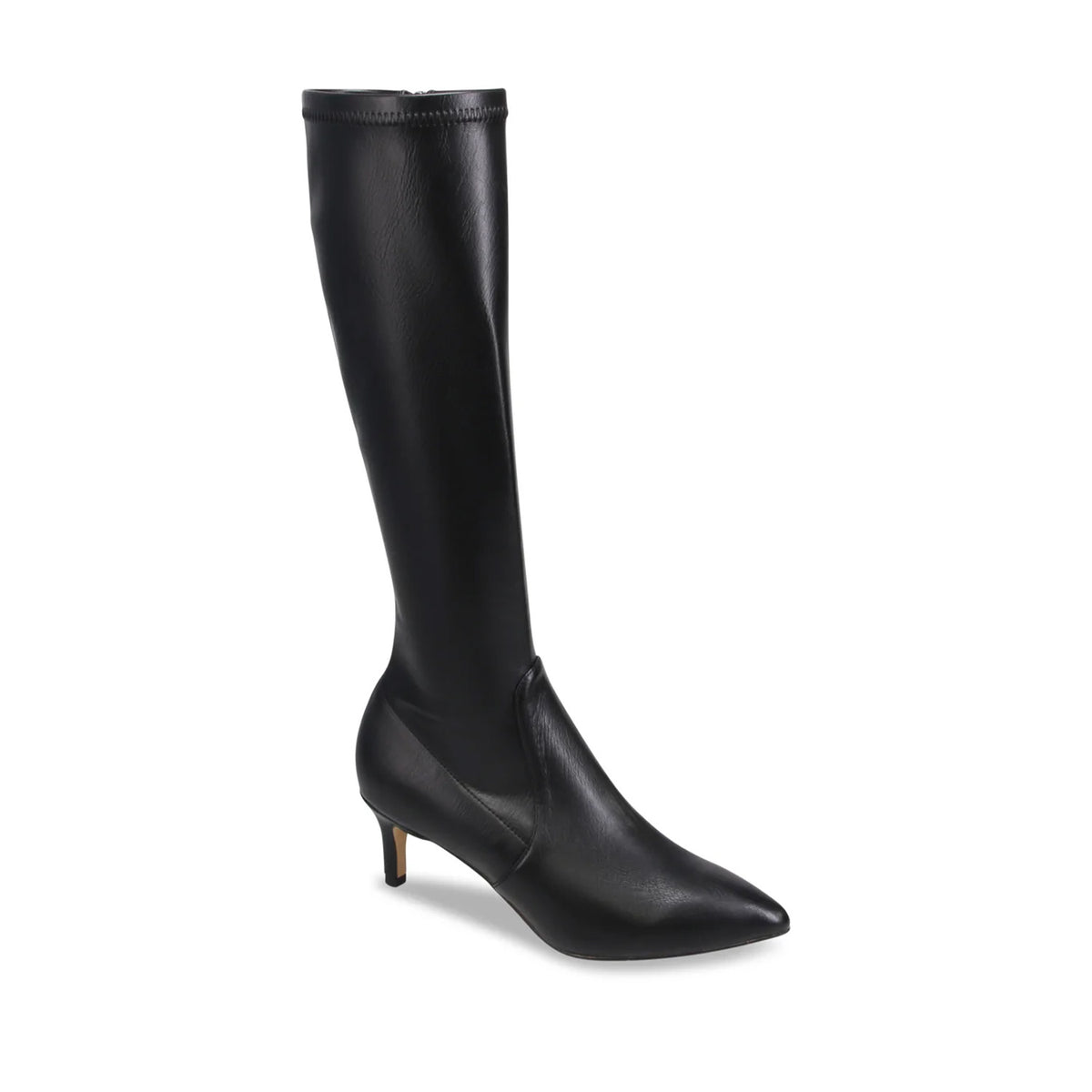 black leather pointed toe heeled knee-high boot on a white background