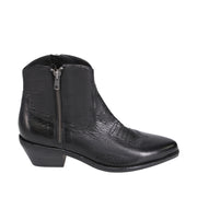 black leather western ankle boot with zipper on a white background