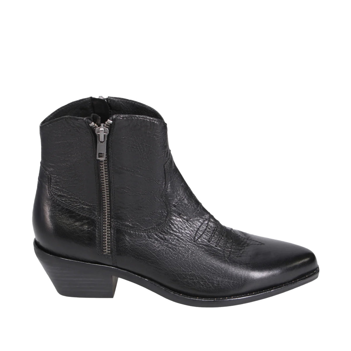 black leather western ankle boot with zipper on a white background