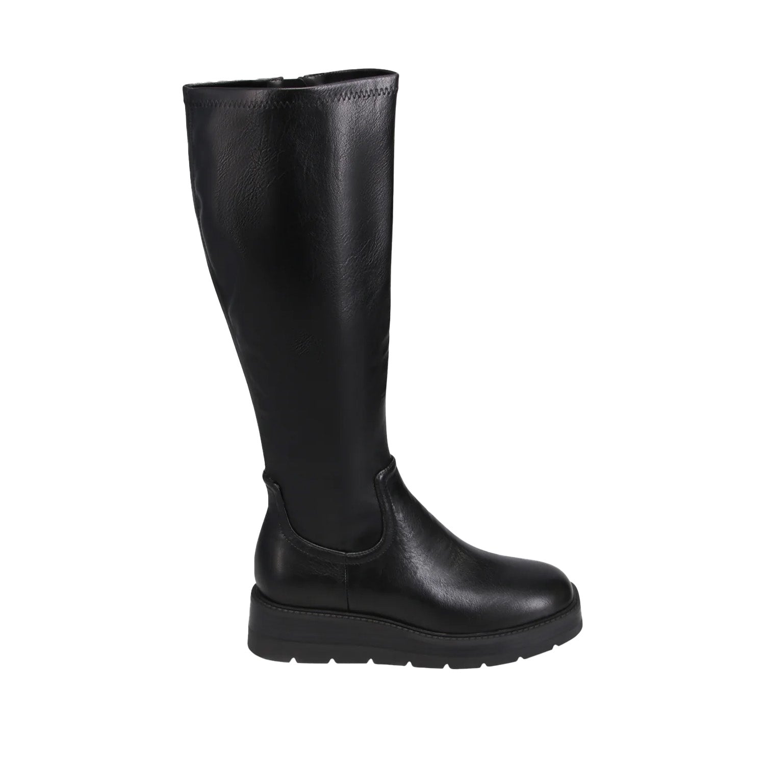 black leather stretch knee-high platform lug-sole boot on a white background