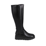 black leather stretch knee-high platform lug-sole boot on a white background