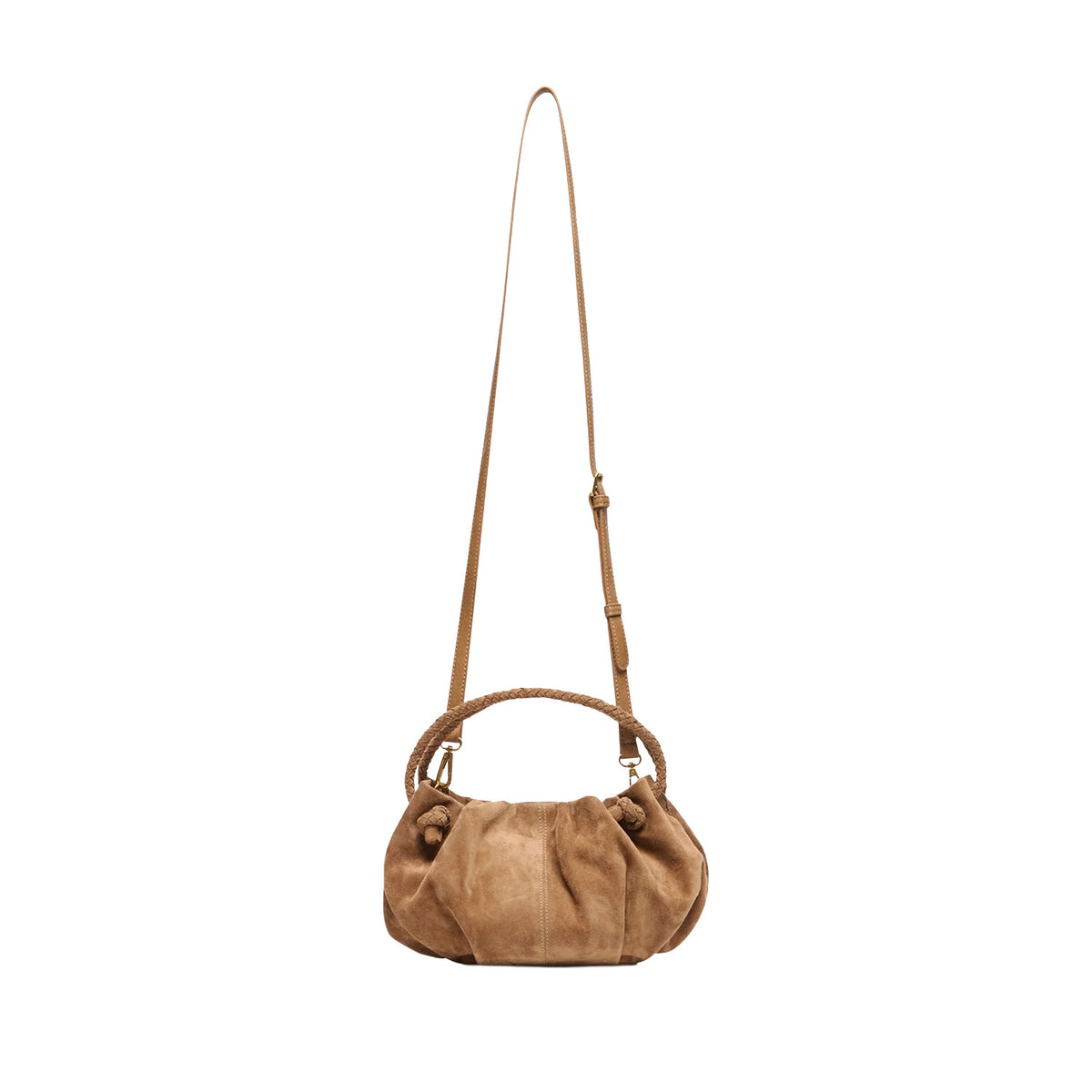 tan suede pouch bag with black braided leather top handle and crossbody strap on a white background