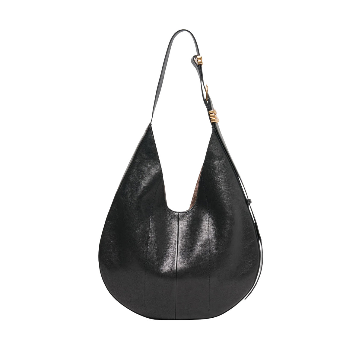 black leather round edge hobo shoulder bag on a white background