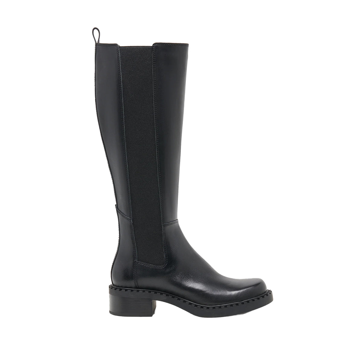 black leather knee-high boot on a white background