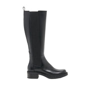black leather knee-high boot on a white background