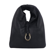 black leather slouchy top handle pouch bag with gold horseshoe charm on a white background