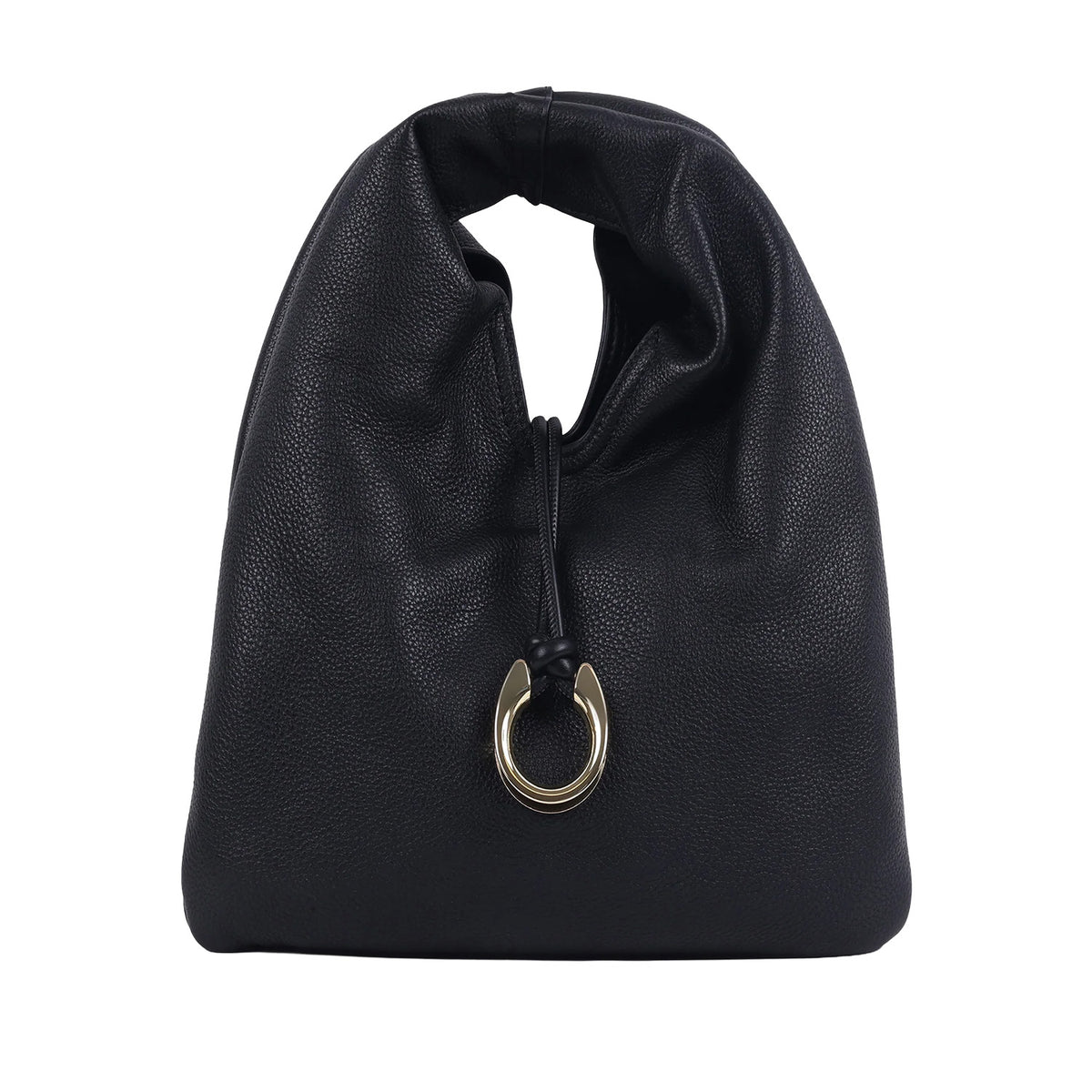 black leather slouchy top handle pouch bag with gold horseshoe charm on a white background