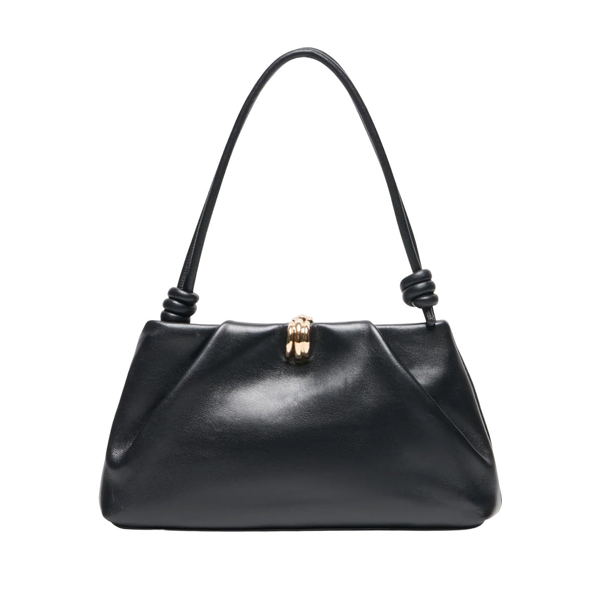 black leather shoulder bag on a white background