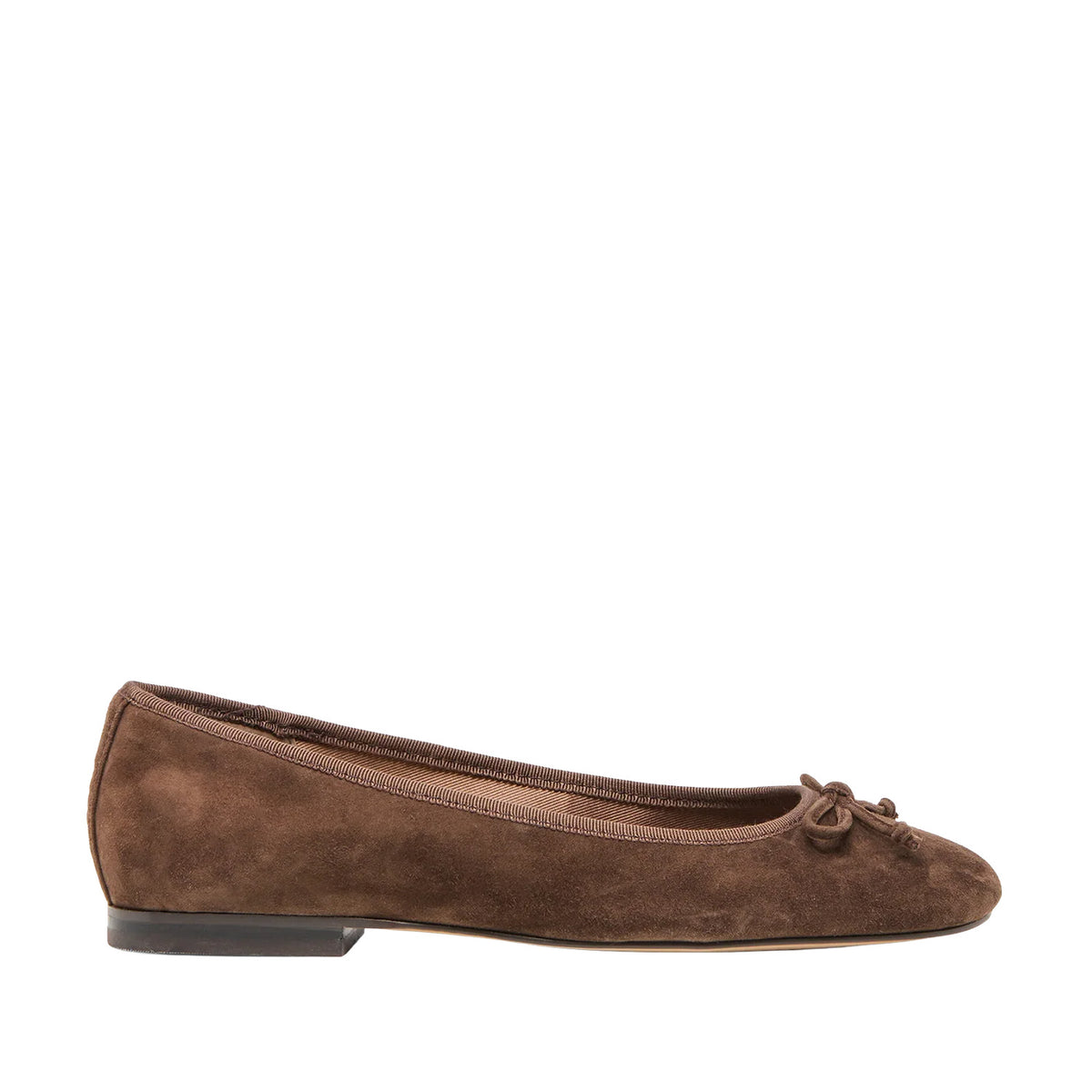 brown suede ballet flat with bow detail on a white background