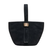 black suede mini bucket bag on a white background