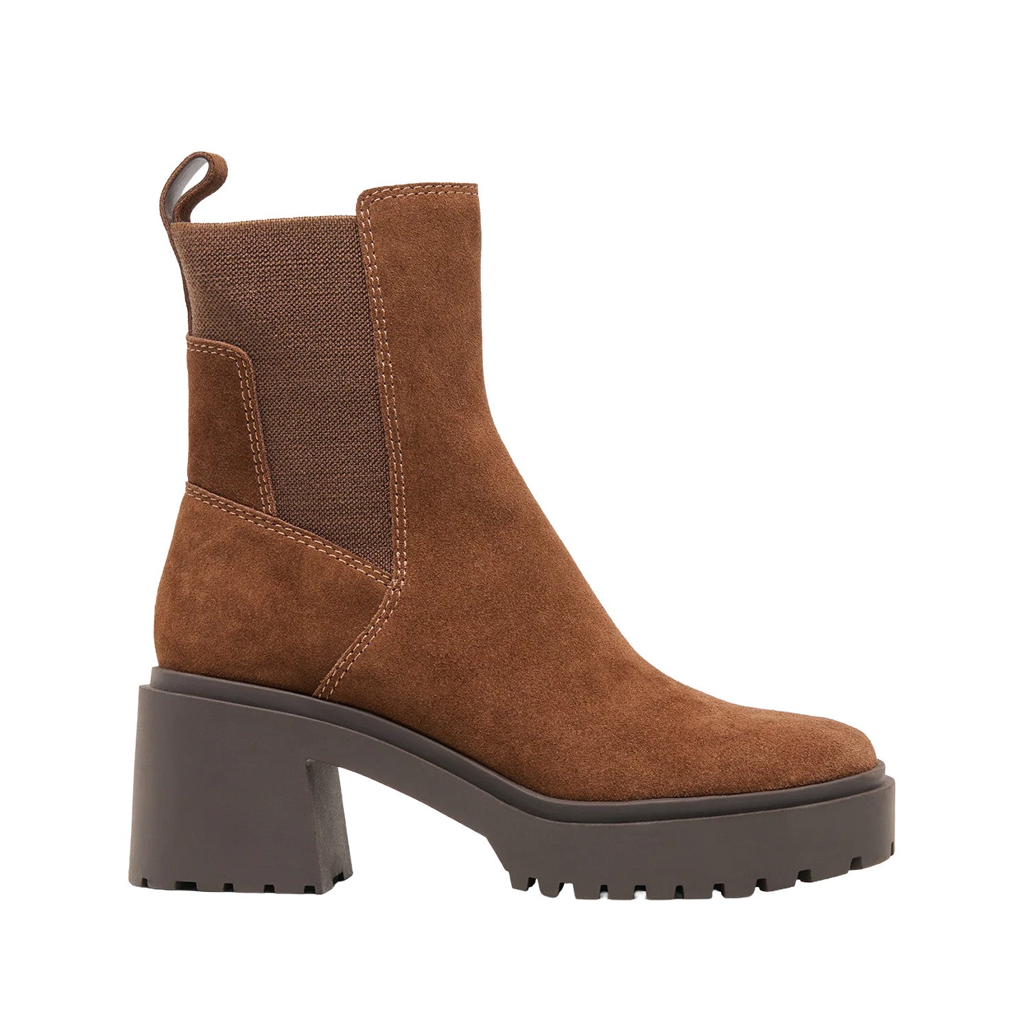brown platform heeled suede ankle boot on a white background