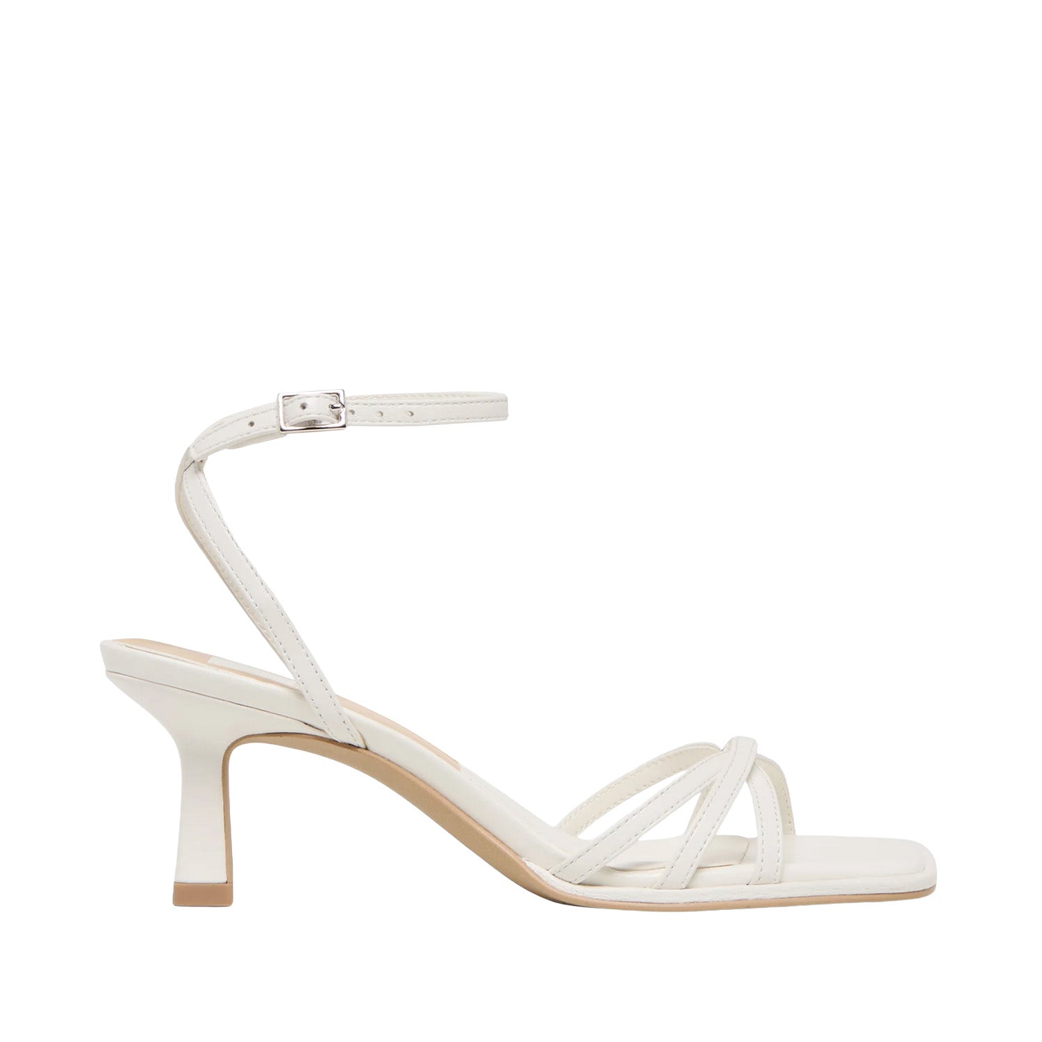 White sandal with thin straps on a white background