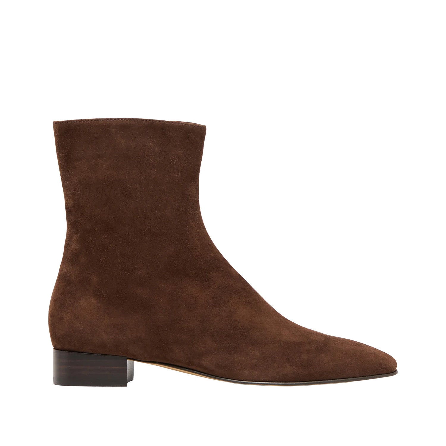 dark brown heeled suede ankle boot on a white background