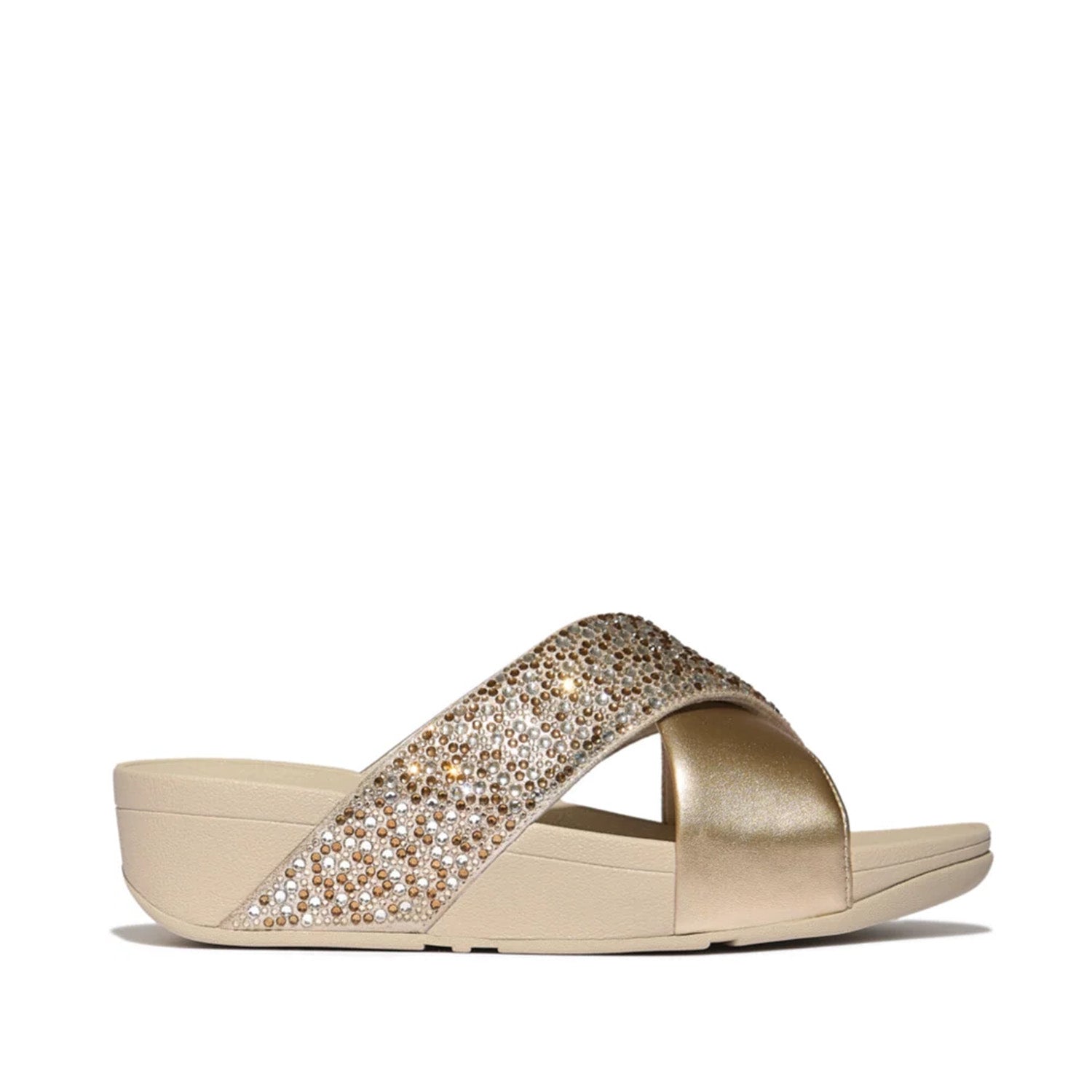 Fitflop Women's Lulu Crystal-Mix Cross Slides in Platino