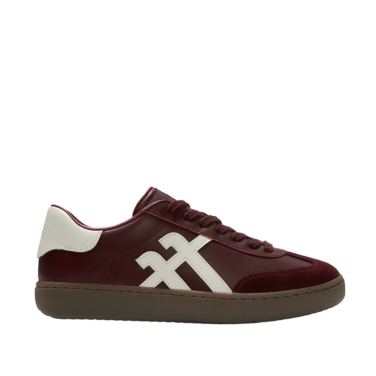 burgundy leather sneakers on white background