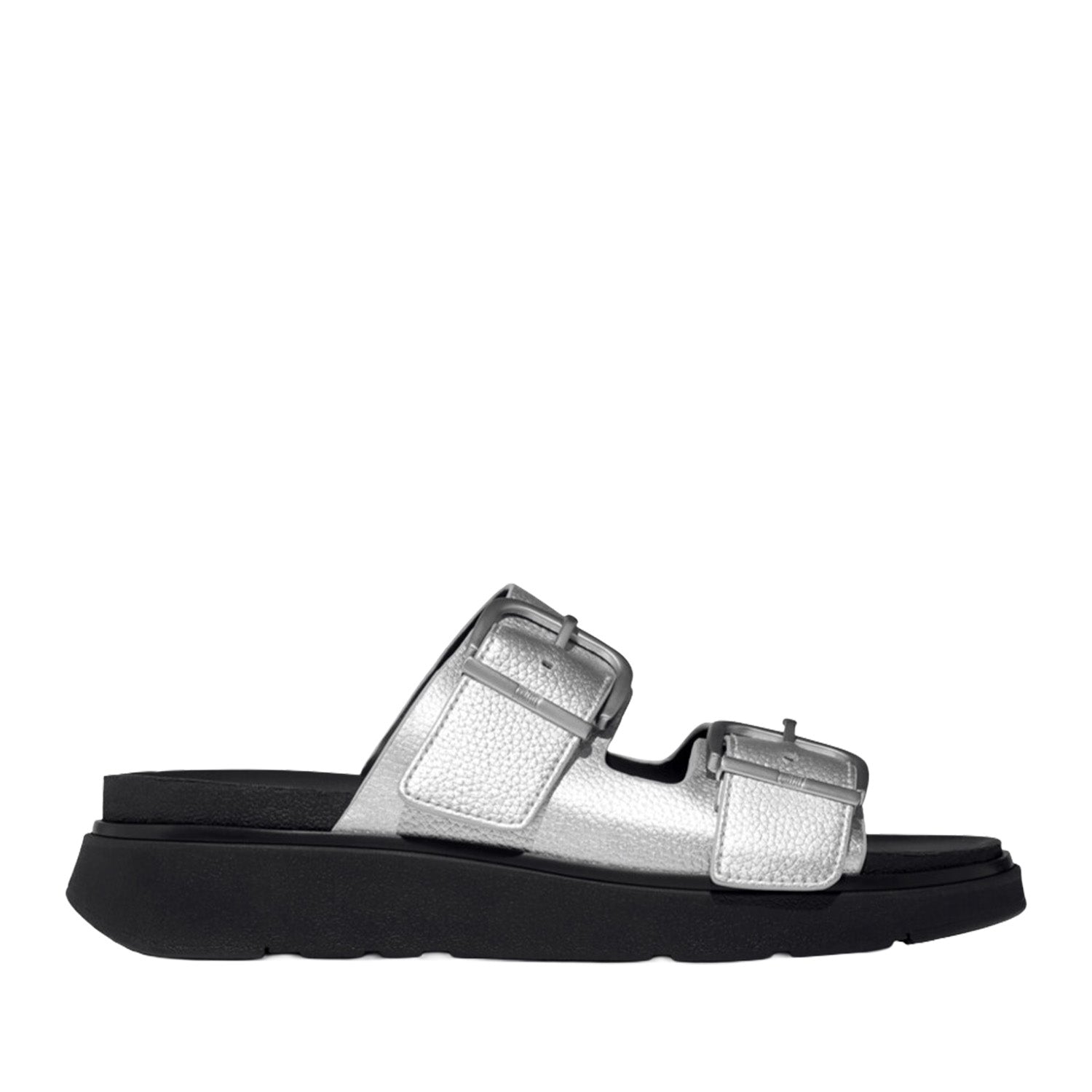 Fitflop Women's Gen-FF Buckle Metallic Tumbled-Leather Two-Bar Slides in Silver
