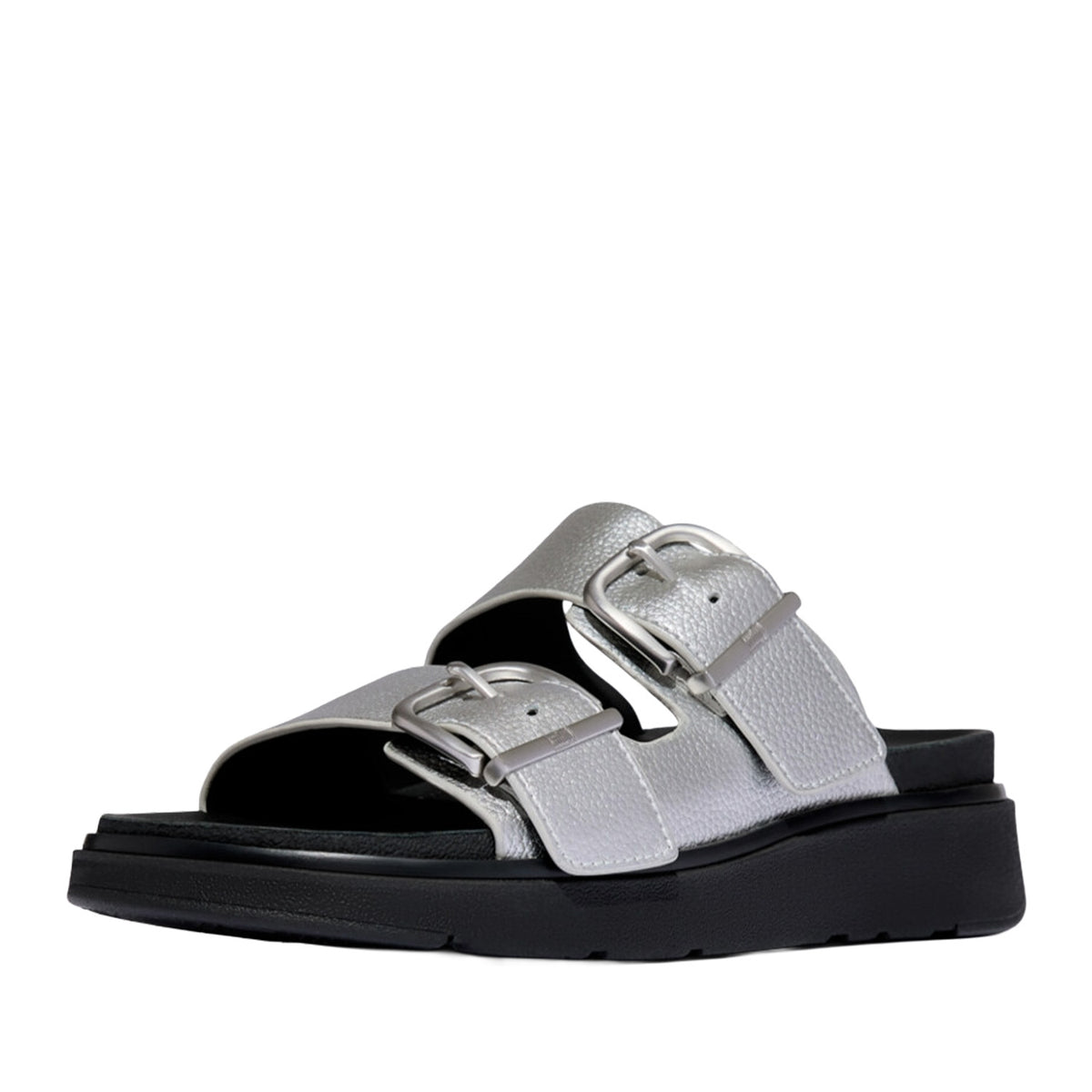Fitflop Women's Gen-FF Buckle Metallic Tumbled-Leather Two-Bar Slides in Silver