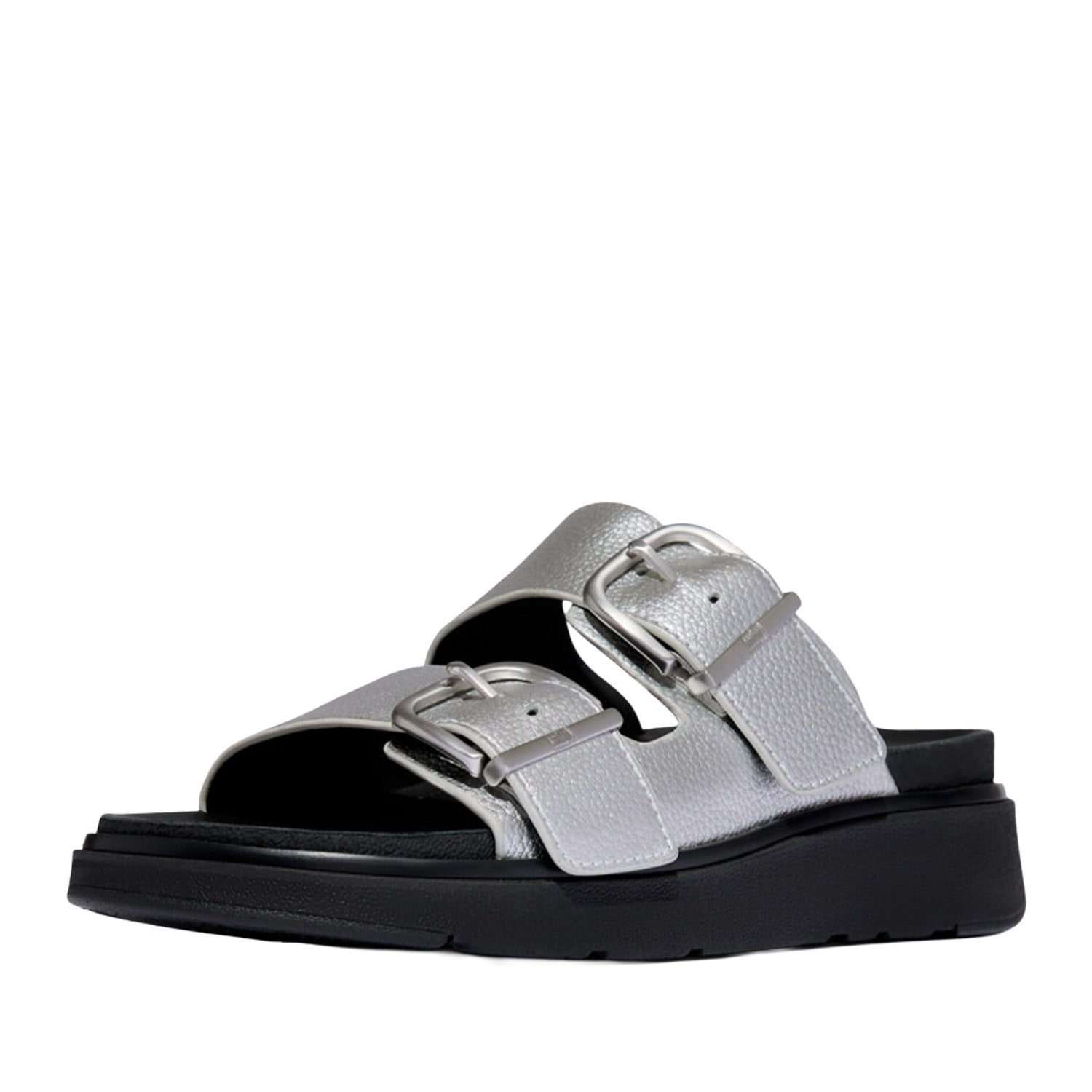 Fitflop Women's Gen-FF Buckle Metallic Tumbled-Leather Two-Bar Slides in Silver