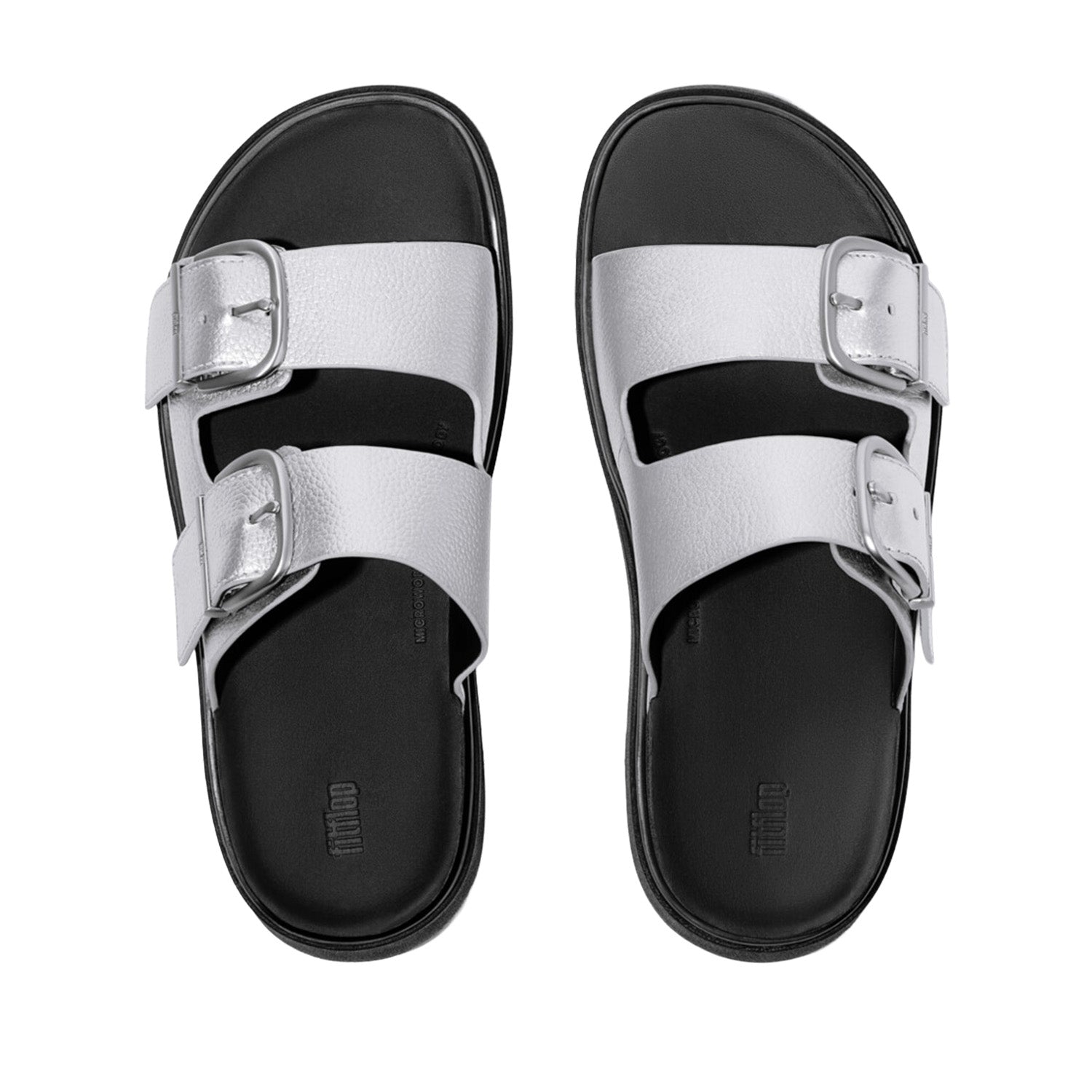 Fitflop Women's Gen-FF Buckle Metallic Tumbled-Leather Two-Bar Slides in Silver