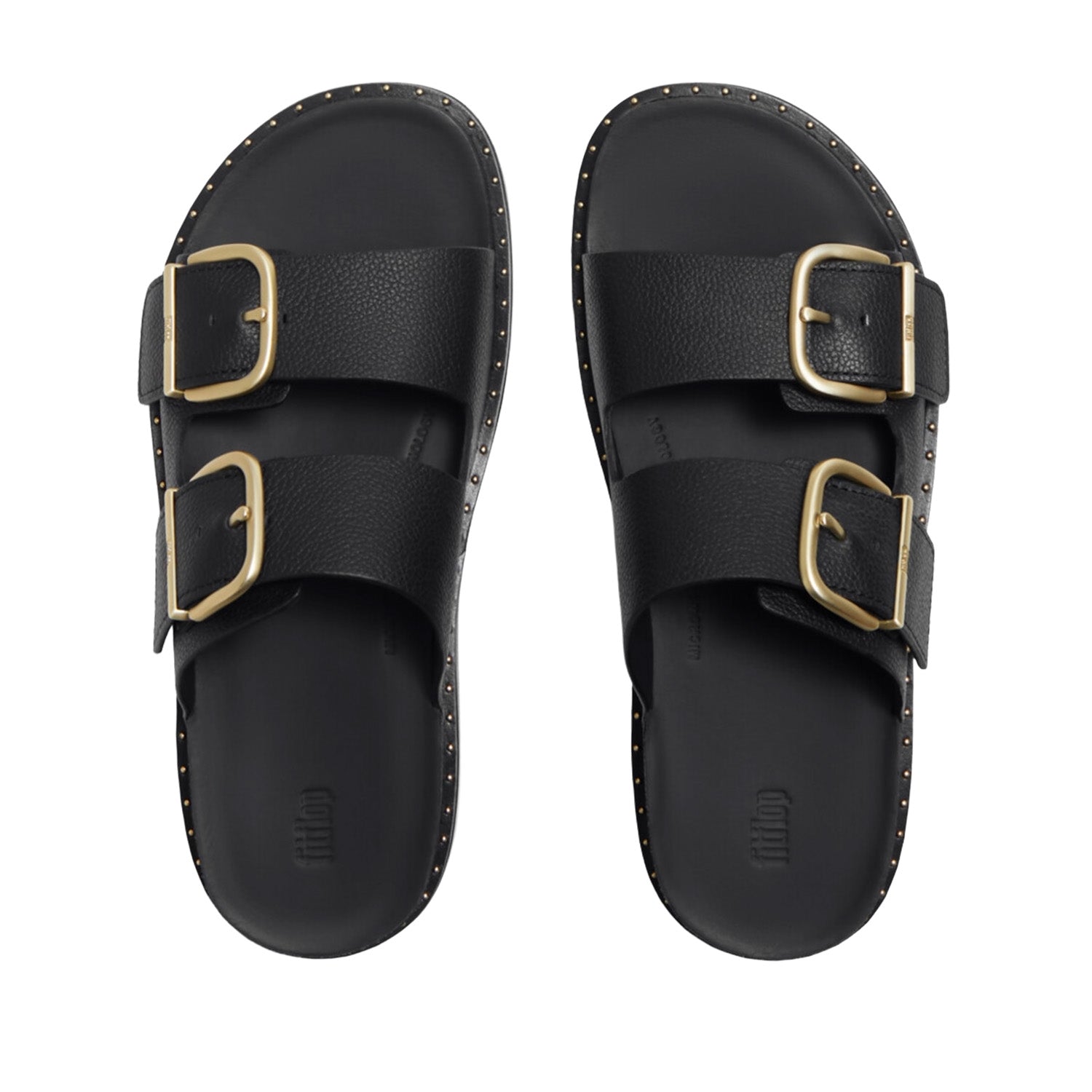 Fitflop Women's Gen-FF Max Buckle Tumbled-Leather Two-Bar Slides in All Black