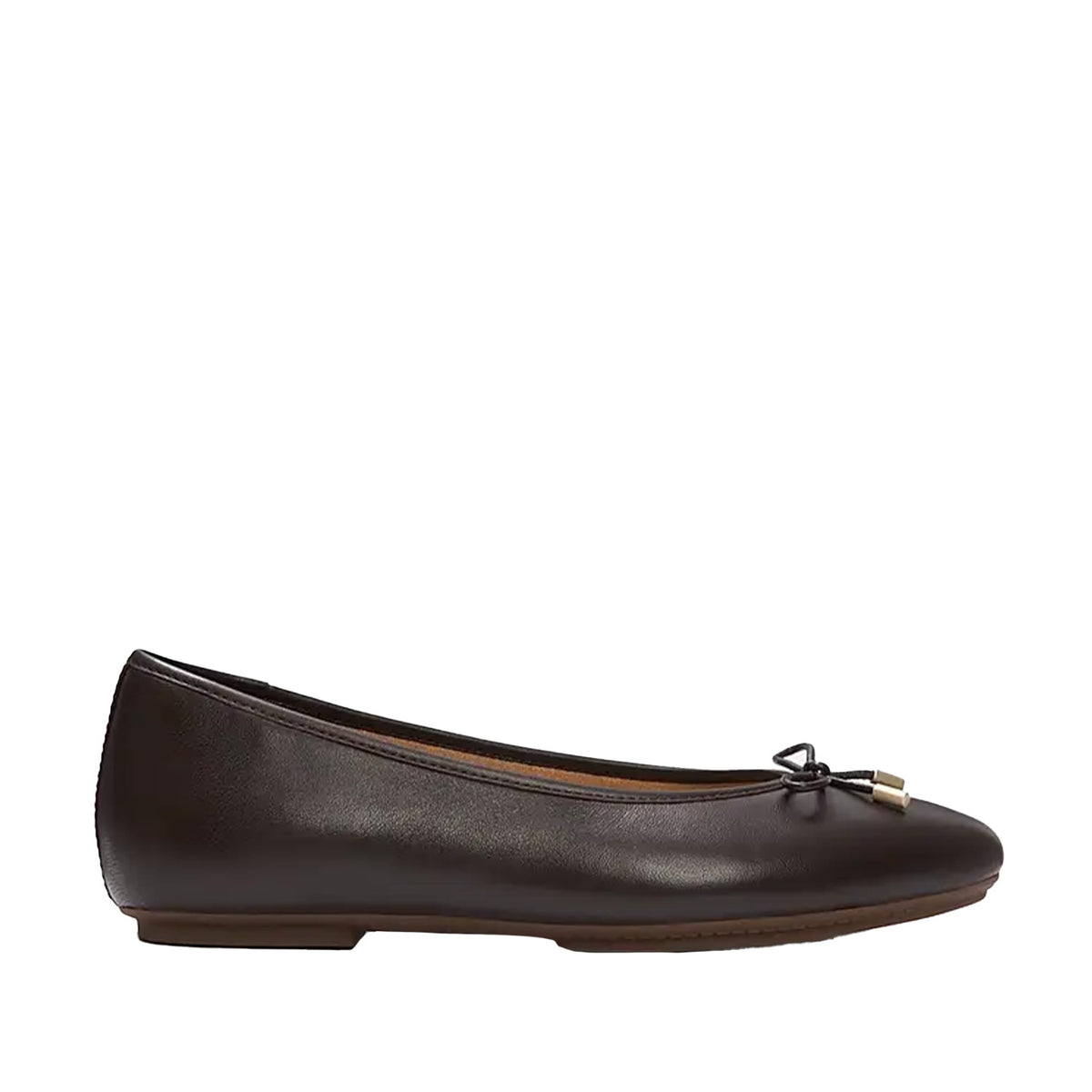 brown ballet flat with bow detail on a white background