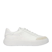 White leather lace-up fashion sneaker with beige suede detail at toe.