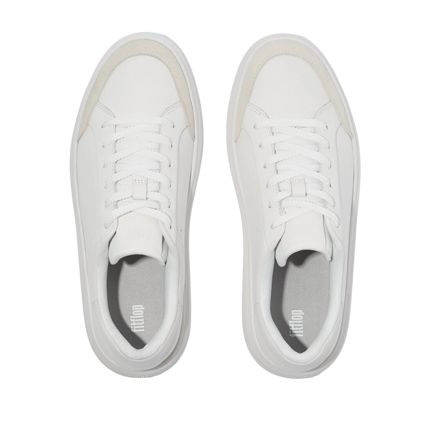 White leather lace-up fashion sneaker with beige suede detail at toe.