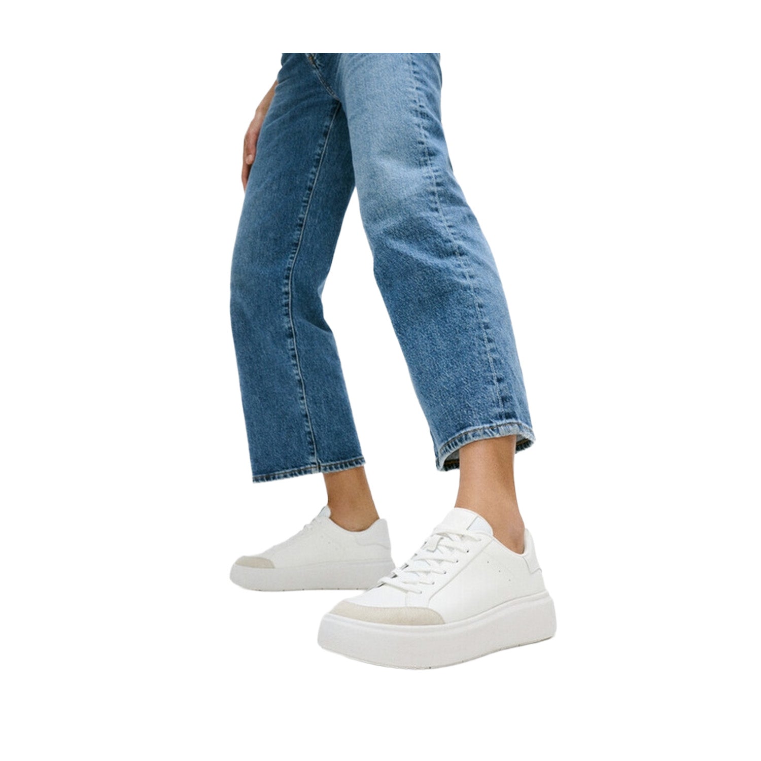 White leather lace-up fashion sneaker with beige suede detail at toe.
