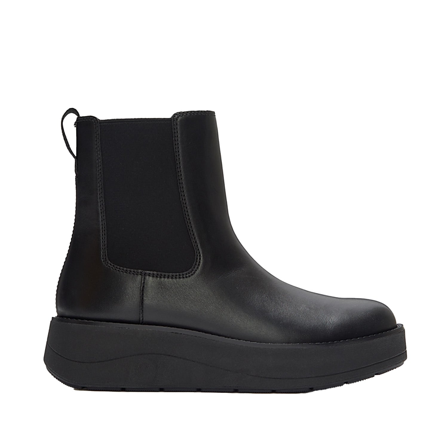black leather platform chelsea boot with elastic side goring on a white background