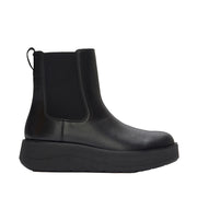 black leather platform chelsea boot with elastic side goring on a white background