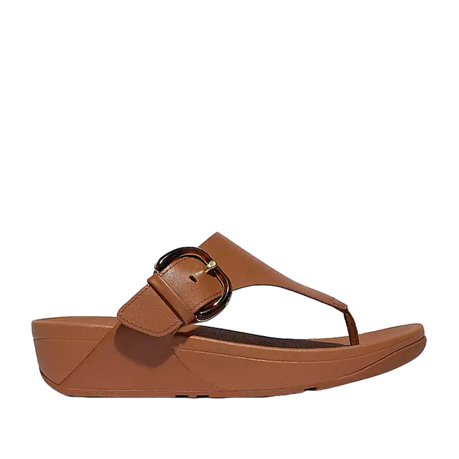 Fitflop Women's Lulu Resin Buckle Leather Toe Post Sandal in Deep Tan