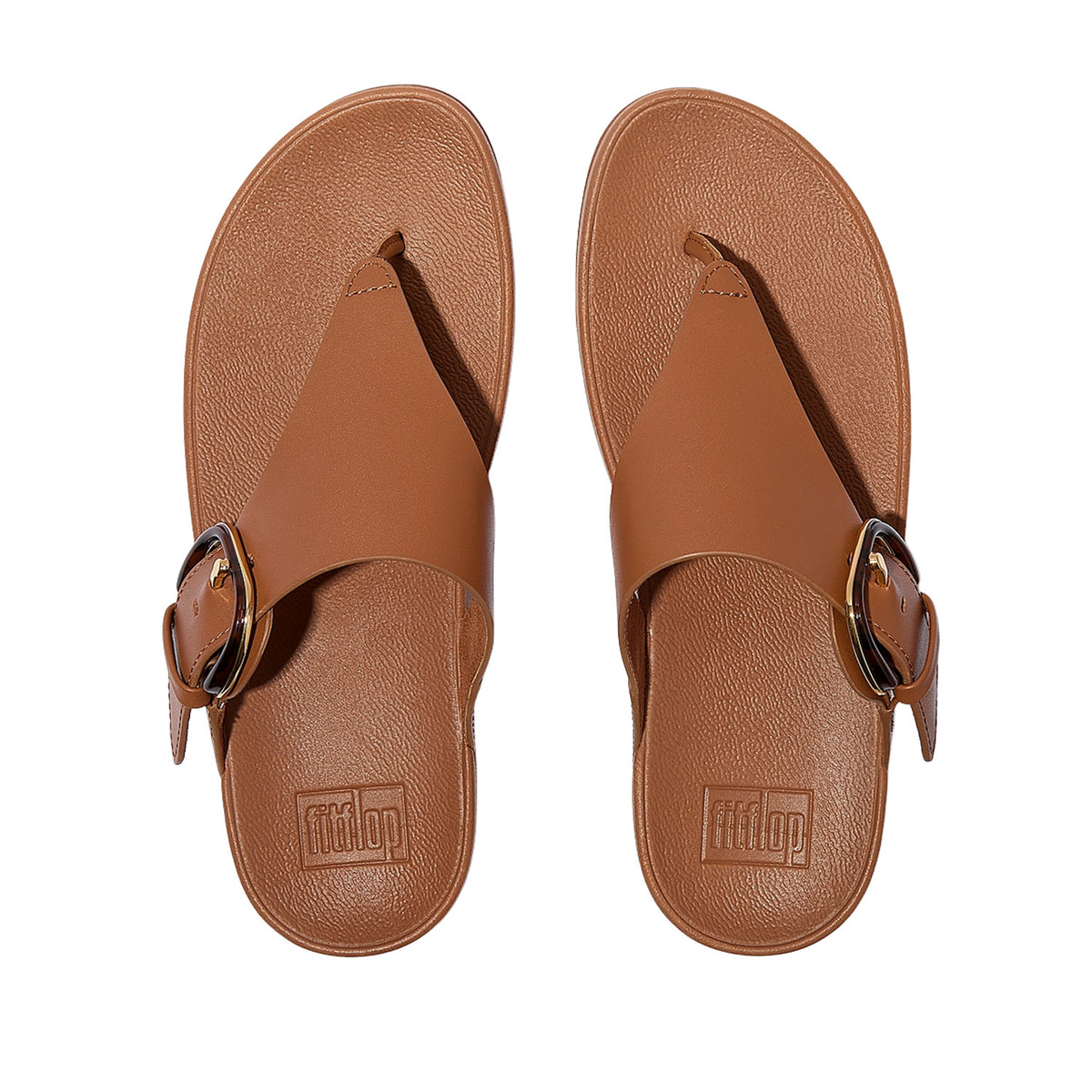 Fitflop Women's Lulu Resin Buckle Leather Toe Post Sandal in Deep Tan
