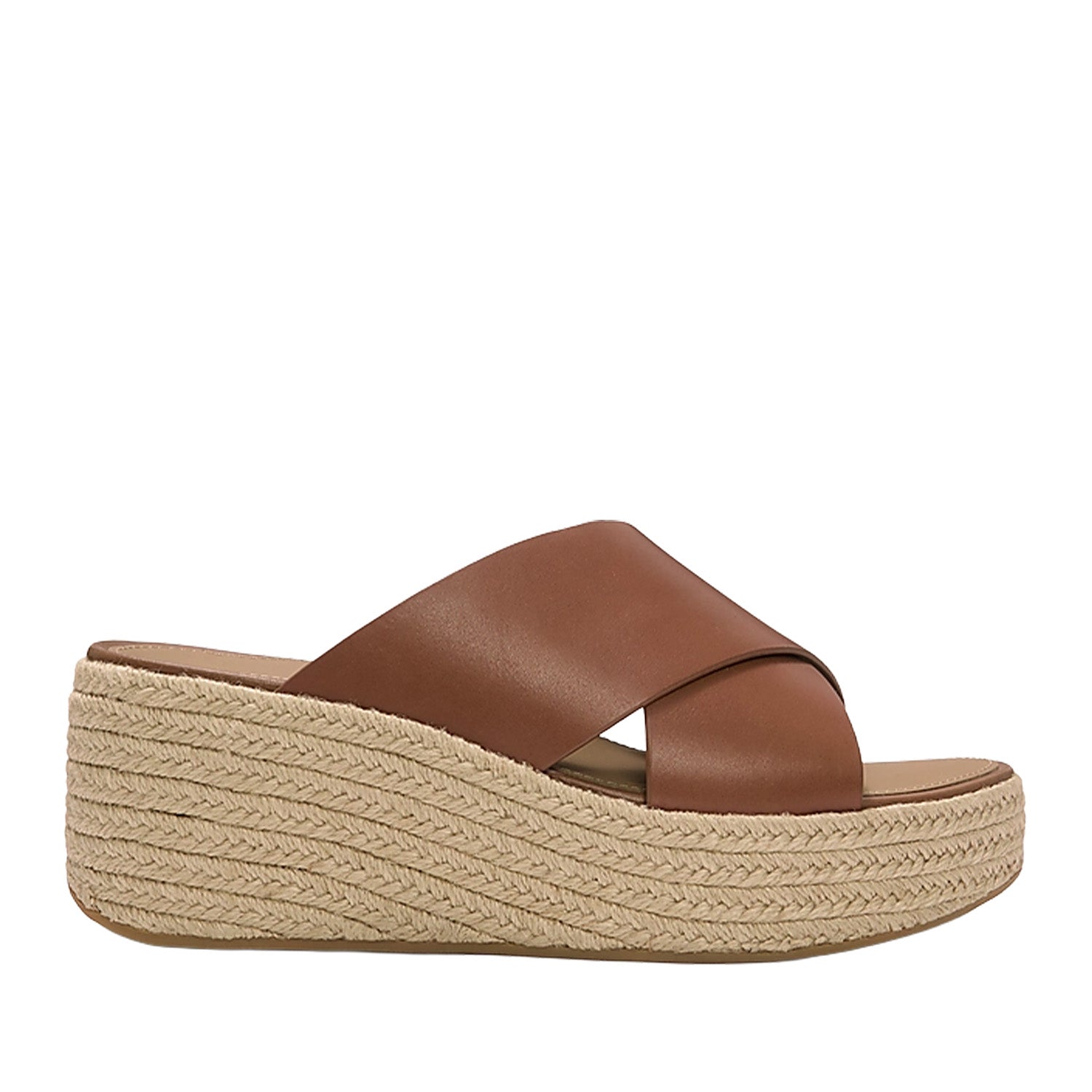 Brown leather platform espadrille wedge slide sandal with wide crossover straps